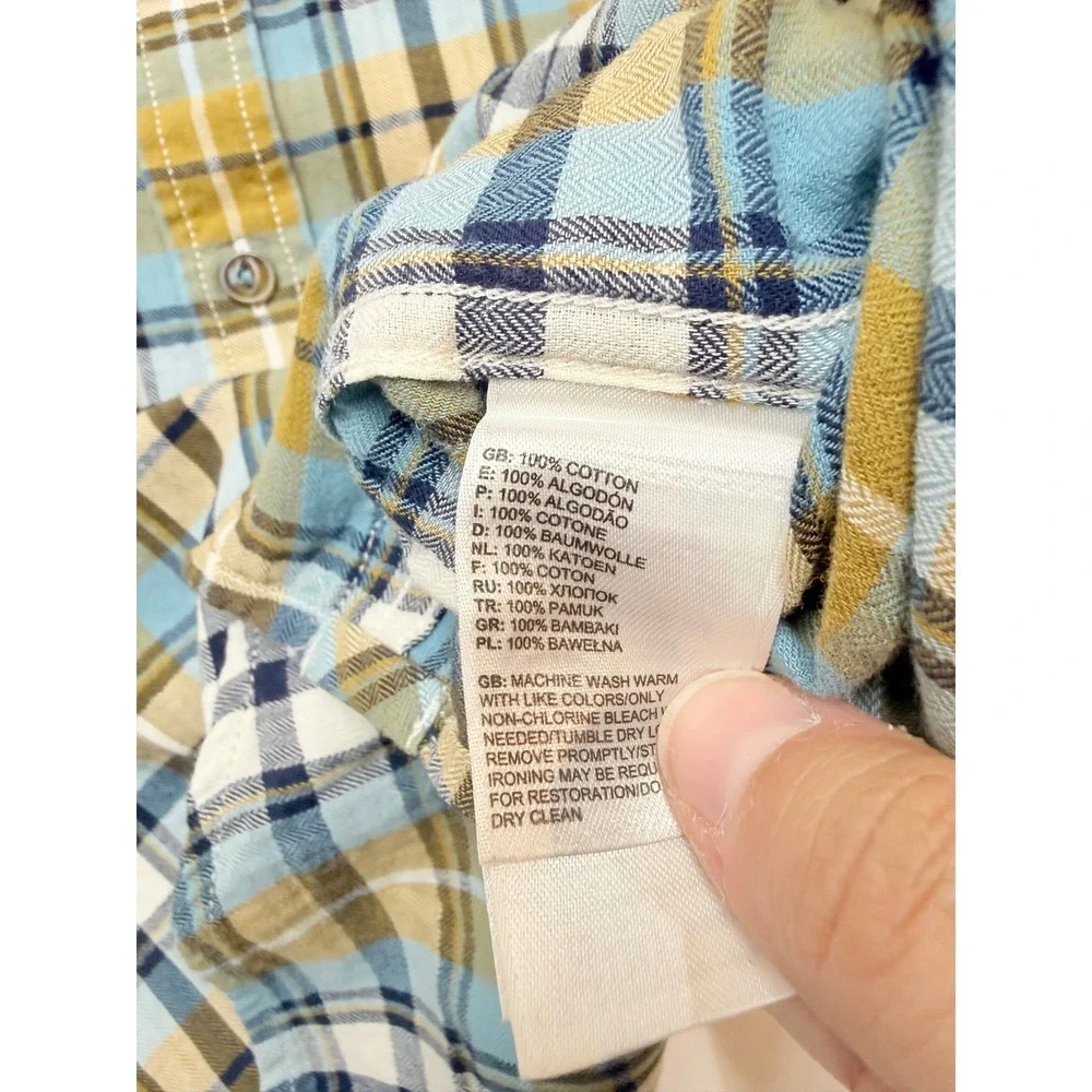 NORTH FACE Mens Medium Blue Mustard Plaid Short Sleeve Button up Casual Shirt U6
